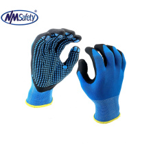 NMSAFETY Black Foam palm Dip Nitrile Glove on 15 gauge Gray/green/blue Nylon Shell with Dotted Palm, Large